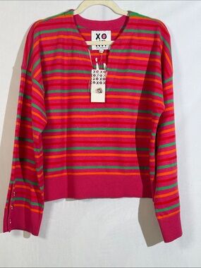 NWT Kerri Rosenthal XOKR V-neck Sweater Size L Pink Green Stripe